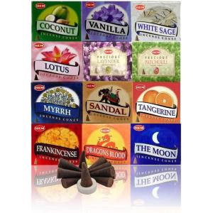 imageHEM Assorted Incense Cones  Pack of 12 Scents 10 Cones Each 120 Total  Natural Aromatherapy Fragrance for Meditation Relaxation Yoga and Home Use