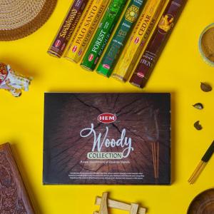 imageHEM Woody Series Premium Incense Sticks Combo  Sandalwood Palo Santo Forest Feng Shui Cedar ampamp Madhur Chandan  120 Sticks 30Minute Burn Time  Natural Aroma for Relaxation Stress ReliefWoody Collection