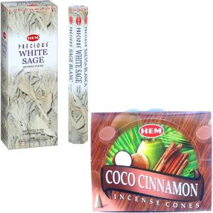 image:imageHEM White Sage Incense Sticks 100 Count  HEM Coco Cinnamon Incense Cones 120 Cones 12x10 Pack  Warm Fragrance  Relaxation Meditation amp Cleansing  Gift Set